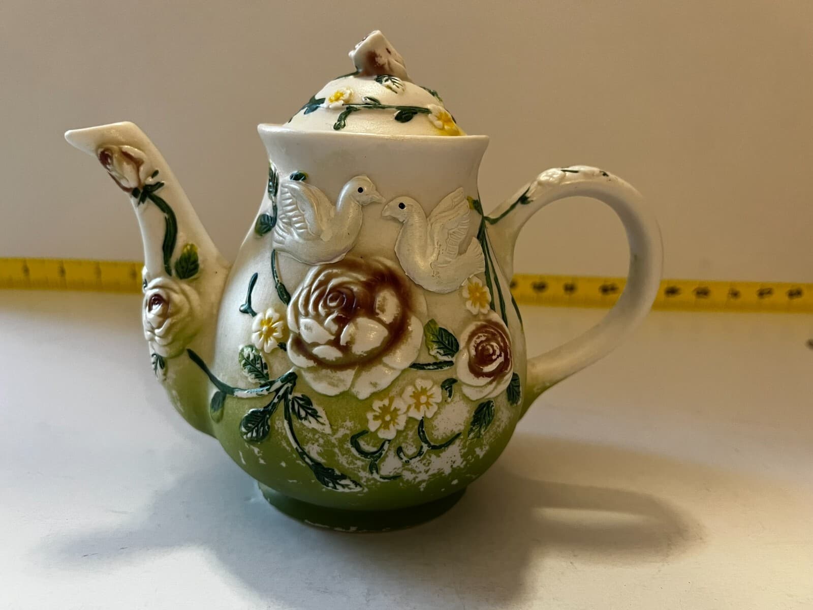 Doves Floral Ornate Flower Porcelain Design Ceramic Teapot Vintage 8" Food Safe