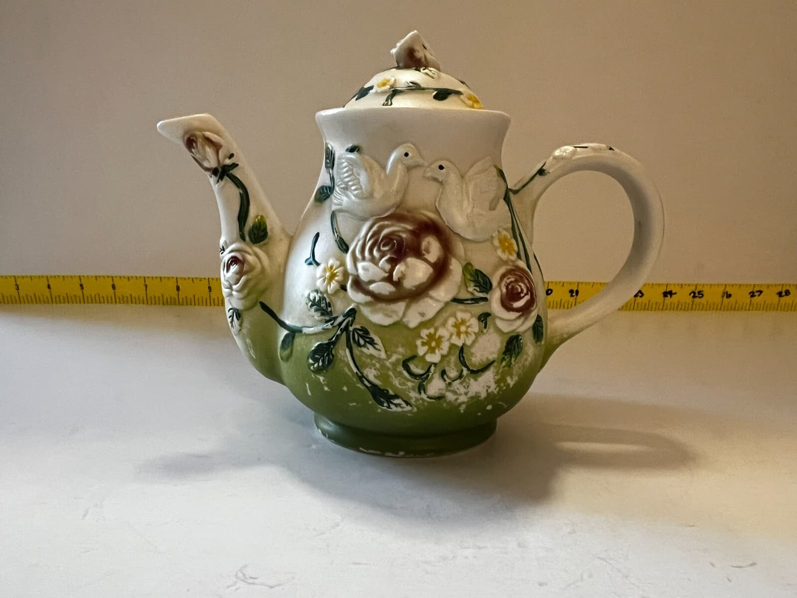 Doves Floral Ornate Flower Porcelain Design Ceramic Teapot Vintage 8" Food Safe - Thumbnail 3