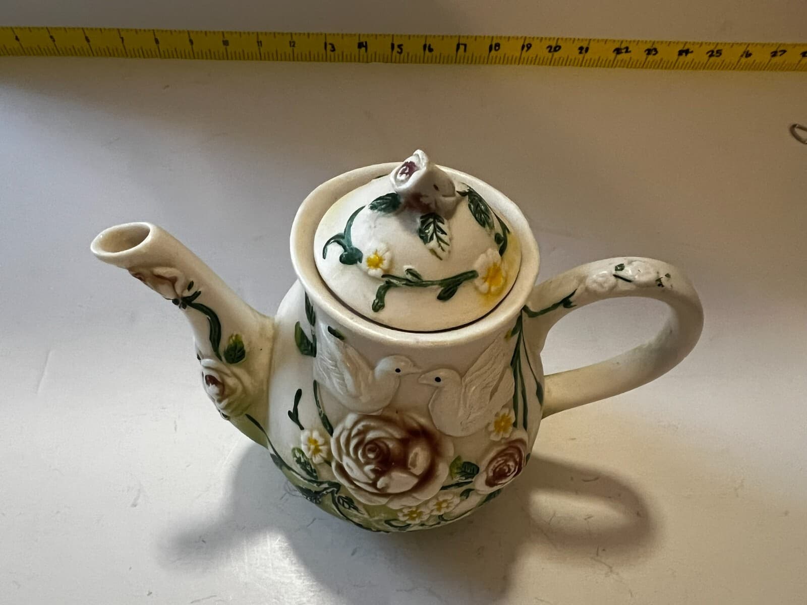 Doves Floral Ornate Flower Porcelain Design Ceramic Teapot Vintage 8" Food Safe - Thumbnail 2