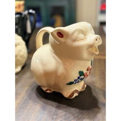 Smiley Vintage Shawnee Pig Pitcher 1950s USA Hand Painted Floral Design - Thumbnail 2