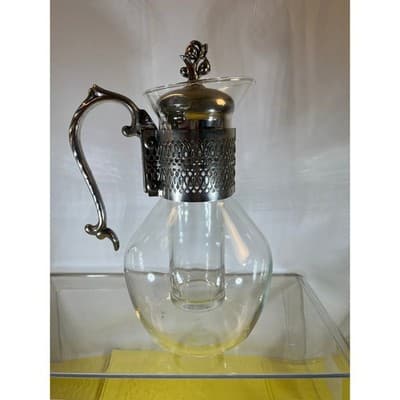Vintage Corning Glass Carafe Ornate Silver-plated Handle Lid Chiller Stunning - Thumbnail 3