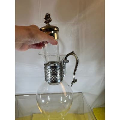 Vintage Corning Glass Carafe Ornate Silver-plated Handle Lid Chiller Stunning - Thumbnail 15