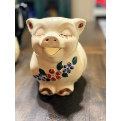 Smiley Vintage Shawnee Pig Pitcher 1950s USA Hand Painted Floral Design - Thumbnail 4