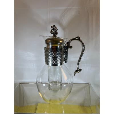 Vintage Corning Glass Carafe Ornate Silver-plated Handle Lid Chiller Stunning - Thumbnail 7