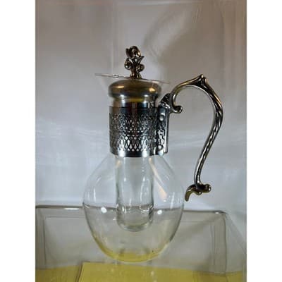 Vintage Corning Glass Carafe Ornate Silver-plated Handle Lid Chiller Stunning - Thumbnail 4