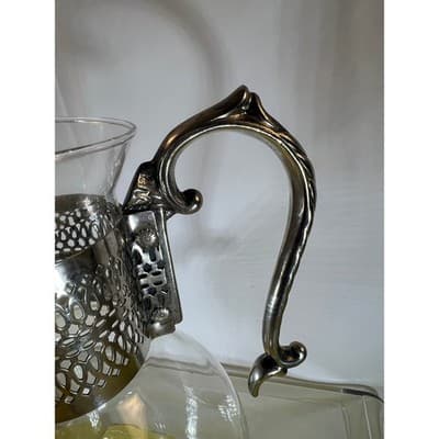 Vintage Corning Glass Carafe Ornate Silver-plated Handle Lid Chiller Stunning - Thumbnail 16