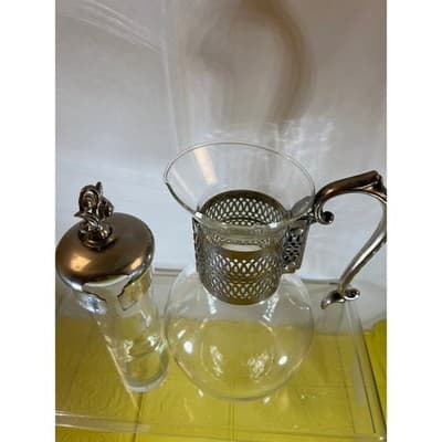 Vintage Corning Glass Carafe Ornate Silver-plated Handle Lid Chiller Stunning - Thumbnail 8