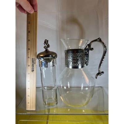 Vintage Corning Glass Carafe Ornate Silver-plated Handle Lid Chiller Stunning - Thumbnail 14