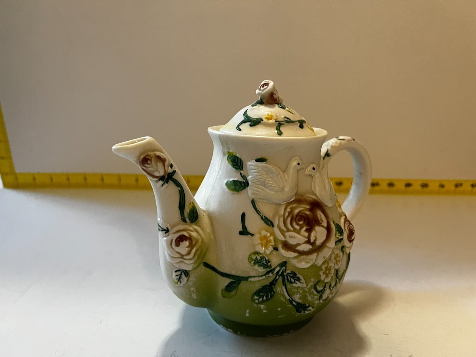 Doves Floral Ornate Flower Porcelain Design Ceramic Teapot Vintage 8" Food Safe - Thumbnail 10