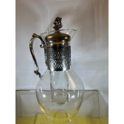 Vintage Corning Glass Carafe Ornate Silver-plated Handle Lid Chiller Stunning - Thumbnail 10