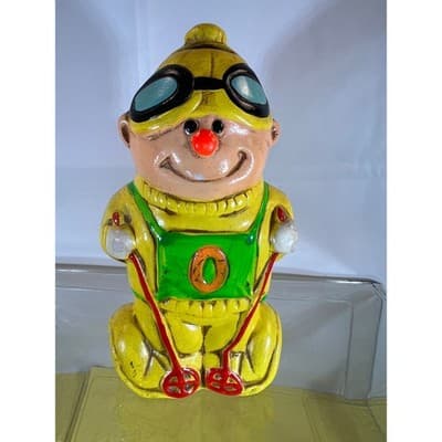 Rare Vintage Happy Sad Skier Ceramic Retro 60s 70s Figure Clown Bank - Thumbnail 2