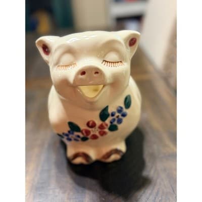 Smiley Vintage Shawnee Pig Pitcher 1950s USA Hand Painted Floral Design - Thumbnail 8