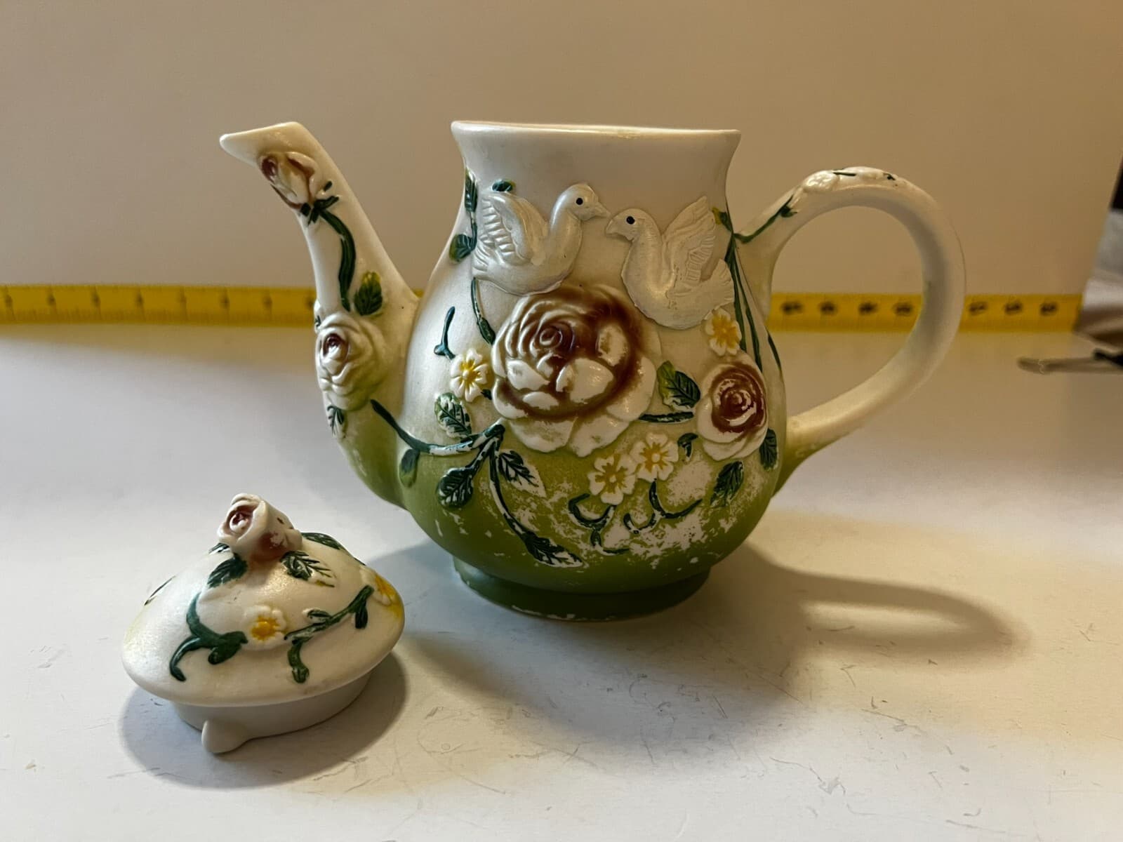 Doves Floral Ornate Flower Porcelain Design Ceramic Teapot Vintage 8" Food Safe - Thumbnail 12