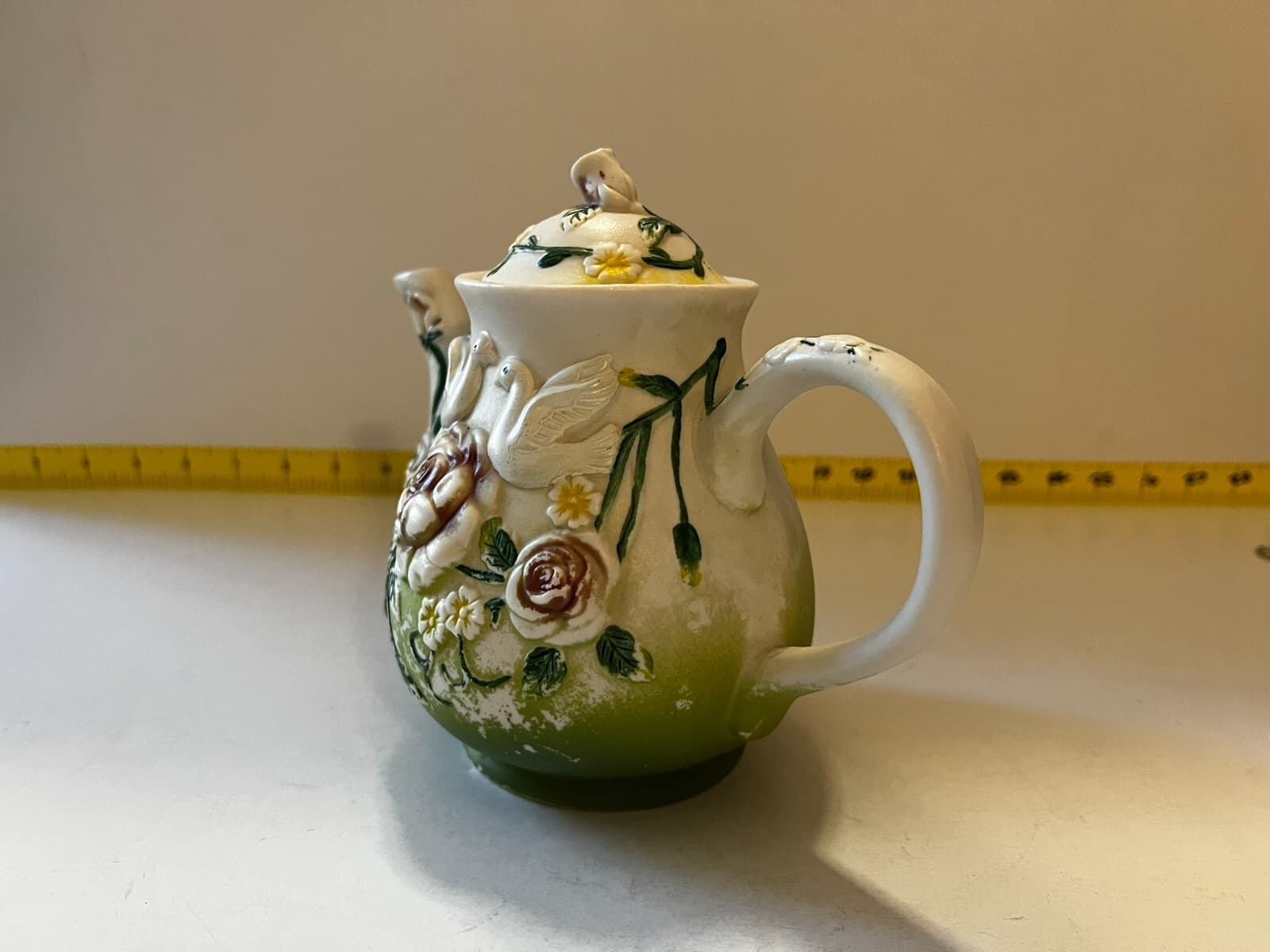 Doves Floral Ornate Flower Porcelain Design Ceramic Teapot Vintage 8" Food Safe - Thumbnail 4