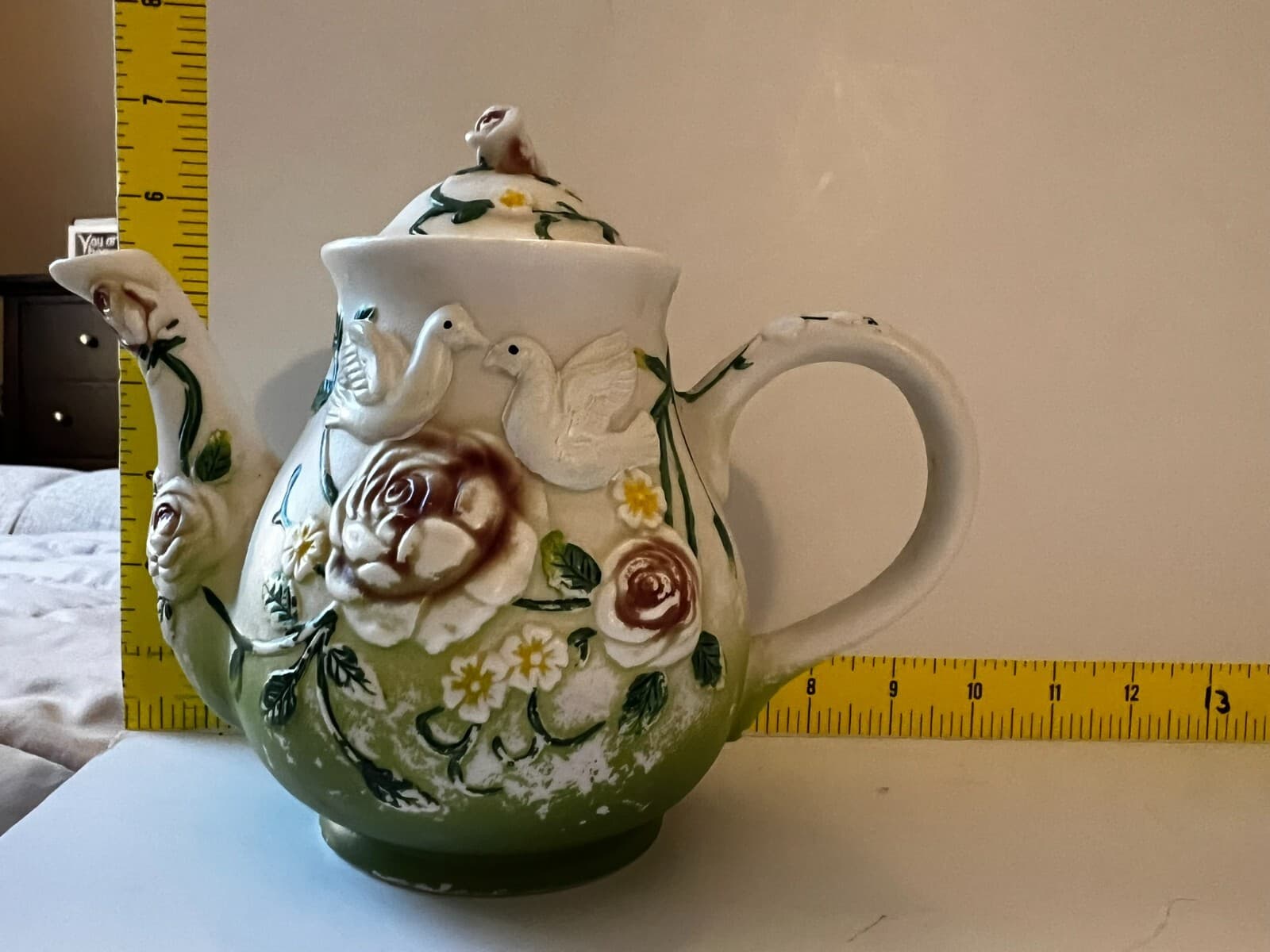Doves Floral Ornate Flower Porcelain Design Ceramic Teapot Vintage 8" Food Safe - Thumbnail 23