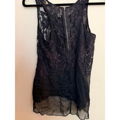 Women's Floral Lace Overlay Sheer Chiffon Hem Sleeveless Tank Top Black S - Thumbnail 13