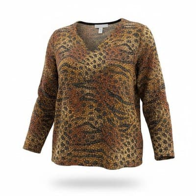 Soft Works Women’s Dress Animal Print Long Sleeve Top Brown XXL V-neck Blouse