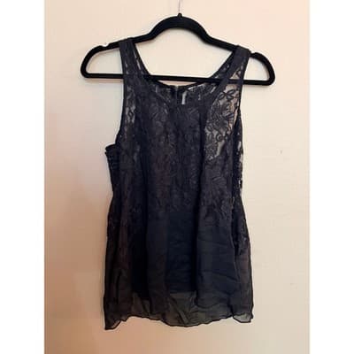 Women's Floral Lace Overlay Sheer Chiffon Hem Sleeveless Tank Top Black S - Thumbnail 2