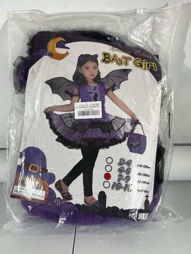 Halloween Purple Ruffles Bat Girl Costume Kids 7-9 Dress Wings Headpiece Bag NEW