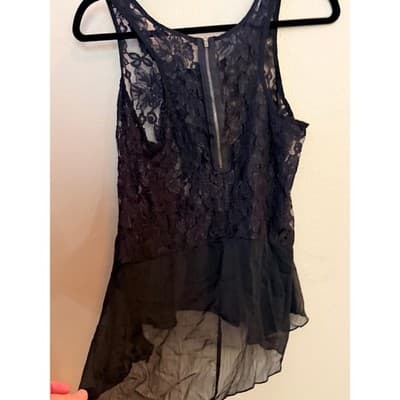 Women's Floral Lace Overlay Sheer Chiffon Hem Sleeveless Tank Top Black S - Thumbnail 12