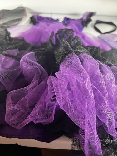 Halloween Purple Ruffles Bat Girl Costume Kids 7-9 Dress Wings Headpiece Bag NEW - Thumbnail 8