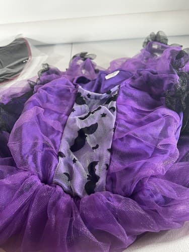Halloween Purple Ruffles Bat Girl Costume Kids 10/12 Dress Wings Headpiece Bag - Thumbnail 10