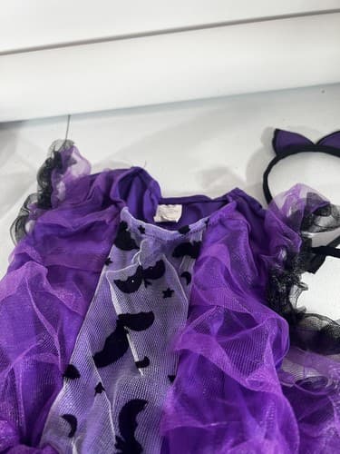 Halloween Purple Ruffles Bat Girl Costume Kids 10/12 Dress Wings Headpiece Bag - Thumbnail 11