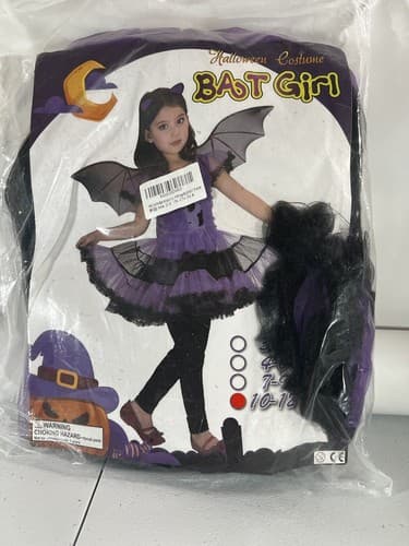 Halloween Purple Ruffles Bat Girl Costume Kids 10/12 Dress Wings Headpiece Bag