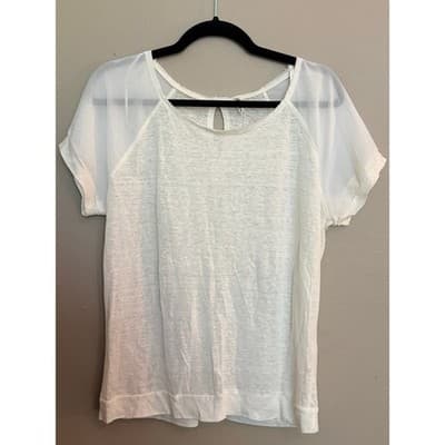 Willow & Clay Ivory Blouse Sheer Sleeve Keyhole Back Short Sleeve Women M - Thumbnail 4