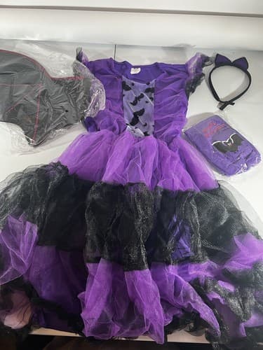 Halloween Purple Ruffles Bat Girl Costume Kids 10/12 Dress Wings Headpiece Bag - Thumbnail 2