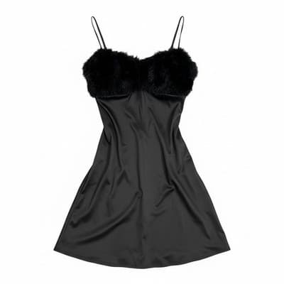 7DAY WKND Night Gown Fur Trim Slip Lingerie Black Medium NWOT - Thumbnail 9