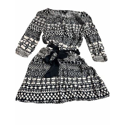 Mossimo Abstract Geo Pattern Tie Waist Dress Black White Small 3/4 Sleeves - Thumbnail 2
