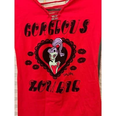 Gorgeous Zombie Punk Rock Graphic T-Shirt Red Wide V Neckline Cap Sleeve - Thumbnail 4