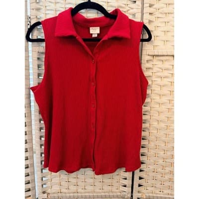 A New Day Sleeveless Ribbed-Knit Polo Top XL Red Button Up Collared Stretch - Thumbnail 2