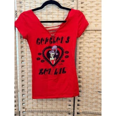 Gorgeous Zombie Punk Rock Graphic T-Shirt Red Wide V Neckline Cap Sleeve - Thumbnail 3