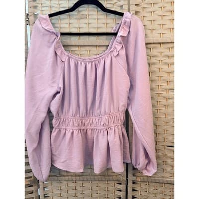 Nine West Long Sleeve Peplum Blouse M Light Lilac Ruffle Smocked Waist - Thumbnail 2