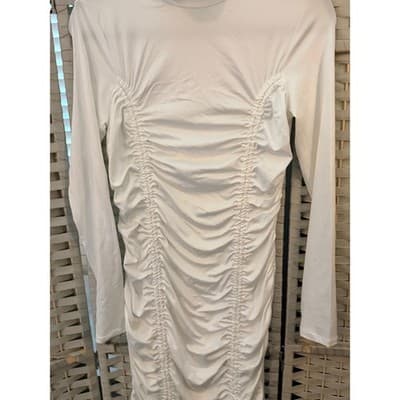 Heart & Hips White Ruched Drawstring Midi Dress Small Long Sleeve Bodycon - Thumbnail 9