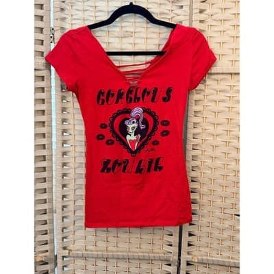 Gorgeous Zombie Punk Rock Graphic T-Shirt Red Wide V Neckline Cap Sleeve - Thumbnail 2