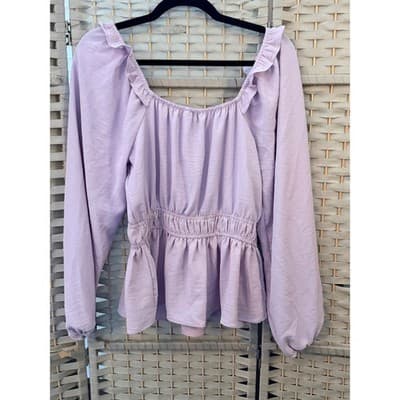 Nine West Long Sleeve Peplum Blouse M Light Lilac Ruffle Smocked Waist - Thumbnail 9