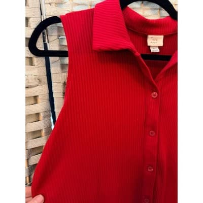 A New Day Sleeveless Ribbed-Knit Polo Top XL Red Button Up Collared Stretch - Thumbnail 4