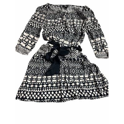 Mossimo Abstract Geo Pattern Tie Waist Dress Black White Small 3/4 Sleeves - Thumbnail 3