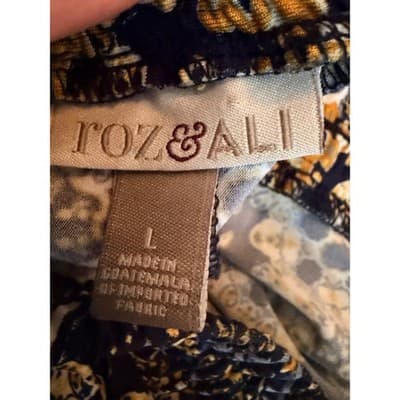 ROZ & ALI Wide Leg Palazzo Pants L Navy Gold Print Elastic Waistband Tie Detail - Thumbnail 10