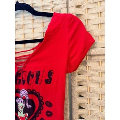 Gorgeous Zombie Punk Rock Graphic T-Shirt Red Wide V Neckline Cap Sleeve - Thumbnail 8