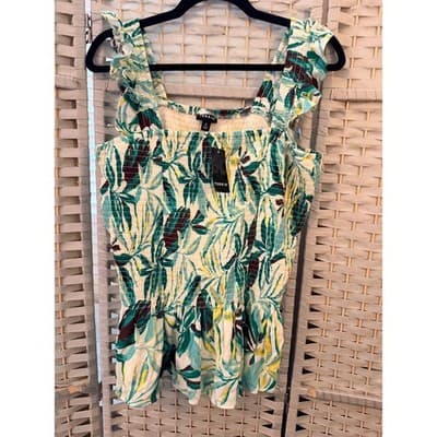 Torrid Peplum Washable Crinkle Gauze Smocked Top Tropical Leaf Print Green 2 NWT - Thumbnail 3