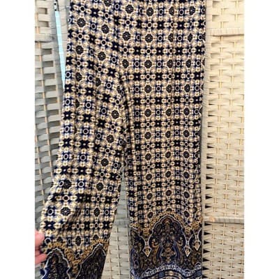 ROZ & ALI Wide Leg Palazzo Pants L Navy Gold Print Elastic Waistband Tie Detail - Thumbnail 8