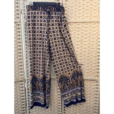 ROZ & ALI Wide Leg Palazzo Pants L Navy Gold Print Elastic Waistband Tie Detail - Thumbnail 3