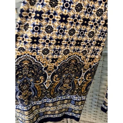 ROZ & ALI Wide Leg Palazzo Pants L Navy Gold Print Elastic Waistband Tie Detail - Thumbnail 4
