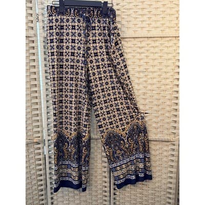 ROZ & ALI Wide Leg Palazzo Pants L Navy Gold Print Elastic Waistband Tie Detail - Thumbnail 2