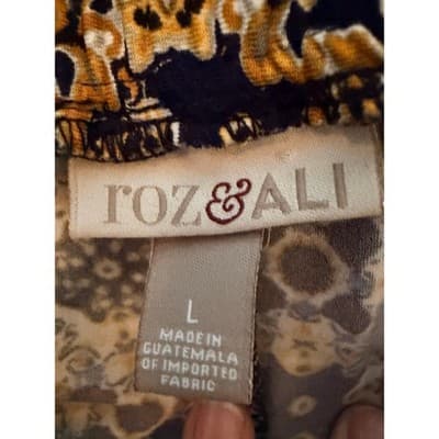 ROZ & ALI Wide Leg Palazzo Pants L Navy Gold Print Elastic Waistband Tie Detail - Thumbnail 7