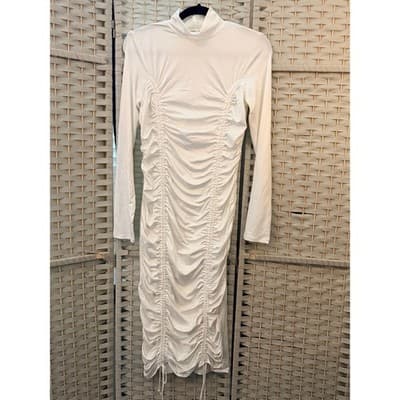 Heart & Hips White Ruched Drawstring Midi Dress Small Long Sleeve Bodycon - Thumbnail 2